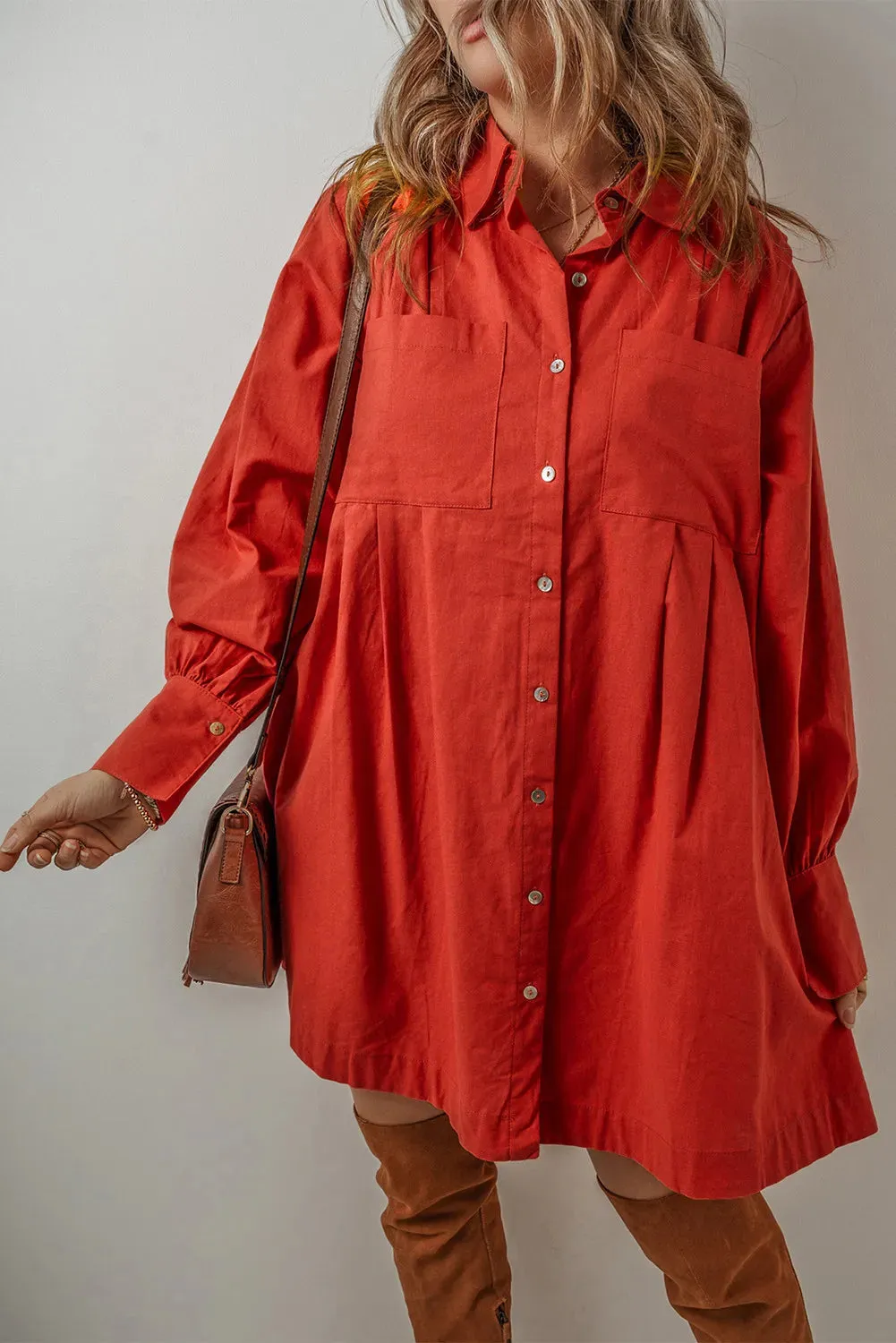 🌟 Pocketed Button Down Long Sleeve Shirt Dress 🌟