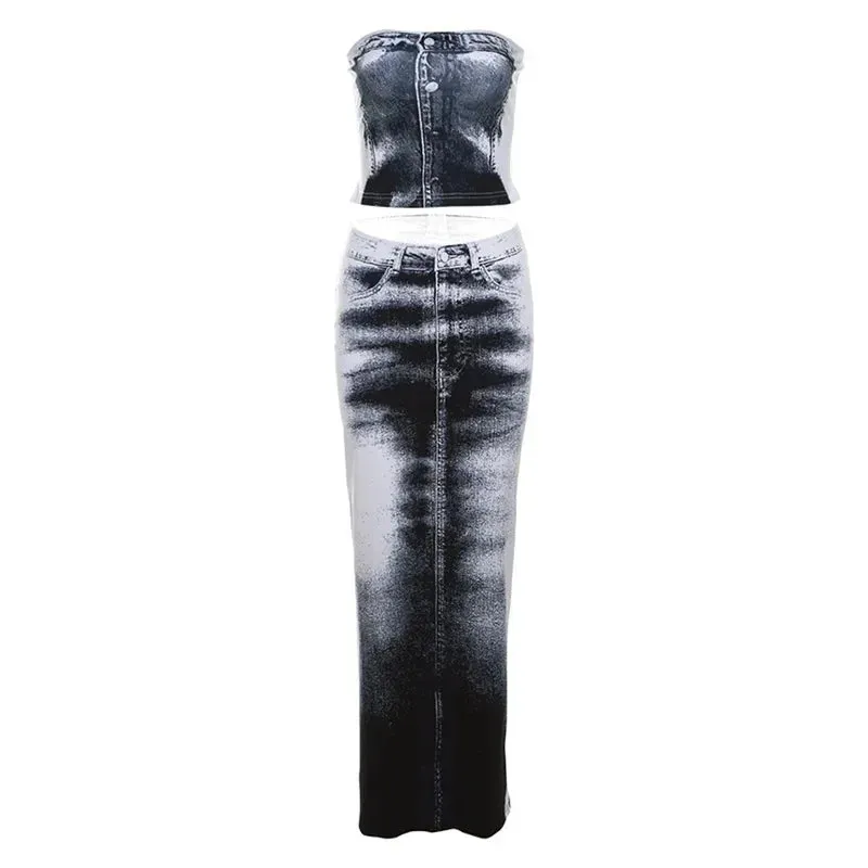 3D Denim Print Two Piece Set