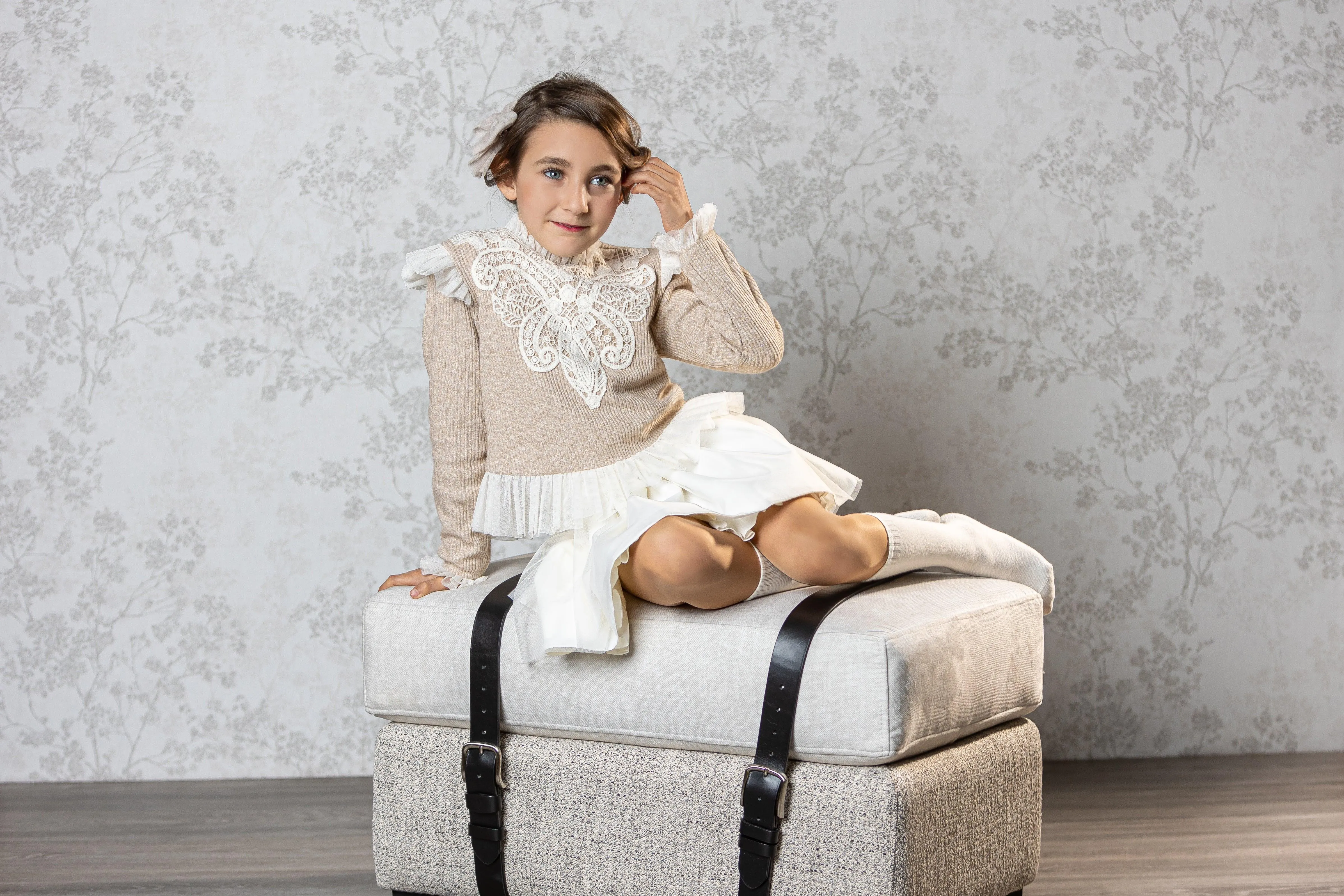 Abuela Tata AW24 - Girls Beige and Cream Skirt & Top Set