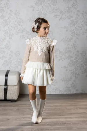Abuela Tata AW24 - Girls Beige and Cream Skirt & Top Set