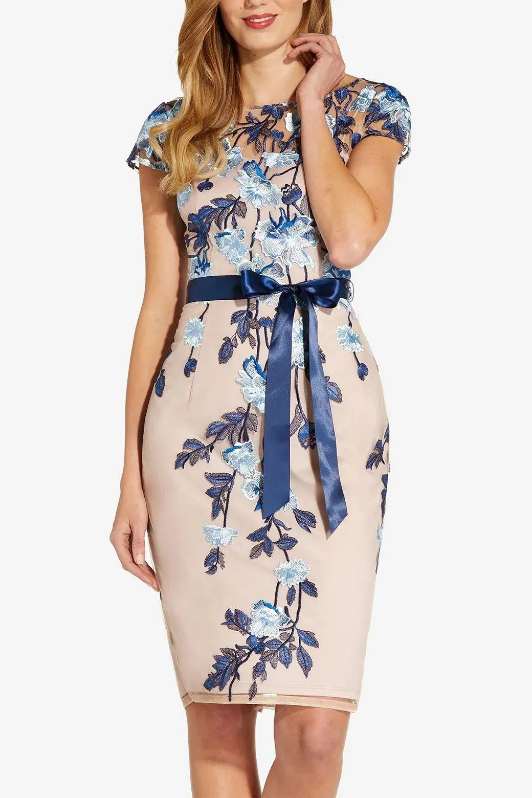 Adrianna Papell AP1E209198 P  Short Sleeves Ribbon Bow Waist Detail Midi Formal Dress