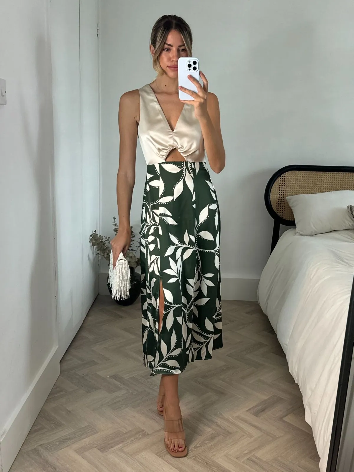 Amber Cut Out Dress in Cream and Khaki