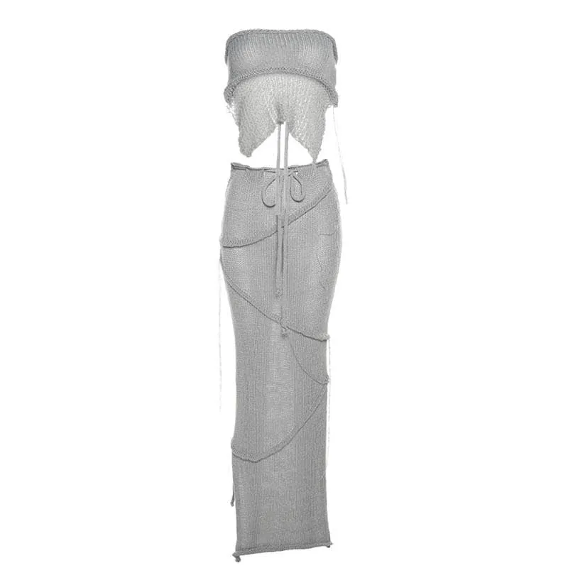 BerriesJam - Backless Self Tie Slit Tube Knitted Maxi Skirt Set
