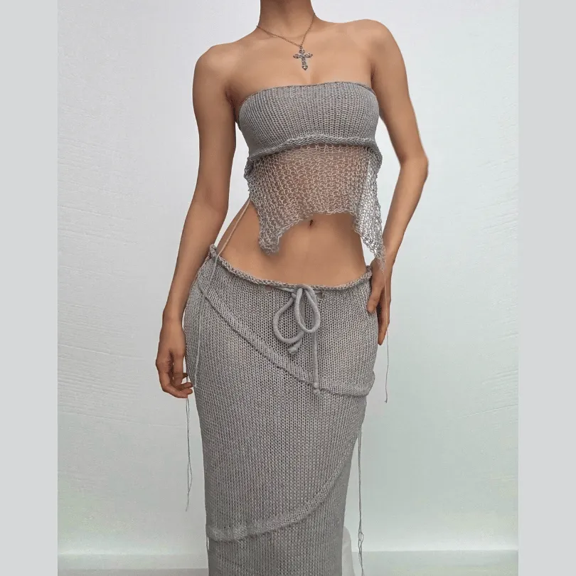 BerriesJam - Backless Self Tie Slit Tube Knitted Maxi Skirt Set