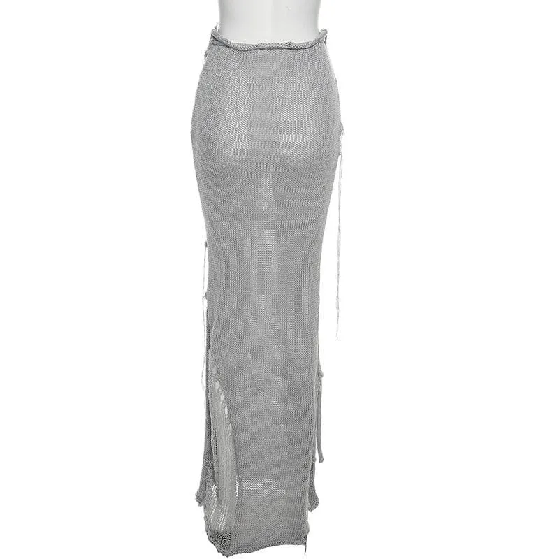 BerriesJam - Backless Self Tie Slit Tube Knitted Maxi Skirt Set