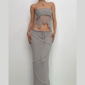 BerriesJam - Backless Self Tie Slit Tube Knitted Maxi Skirt Set