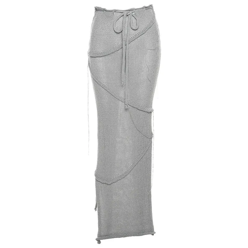 BerriesJam - Backless Self Tie Slit Tube Knitted Maxi Skirt Set