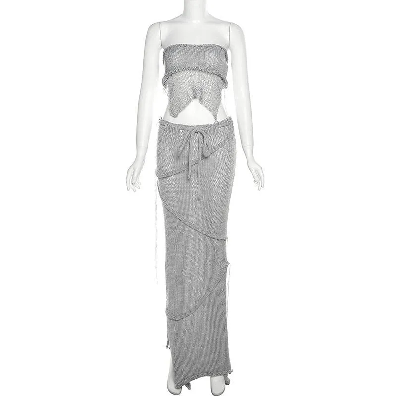 BerriesJam - Backless Self Tie Slit Tube Knitted Maxi Skirt Set