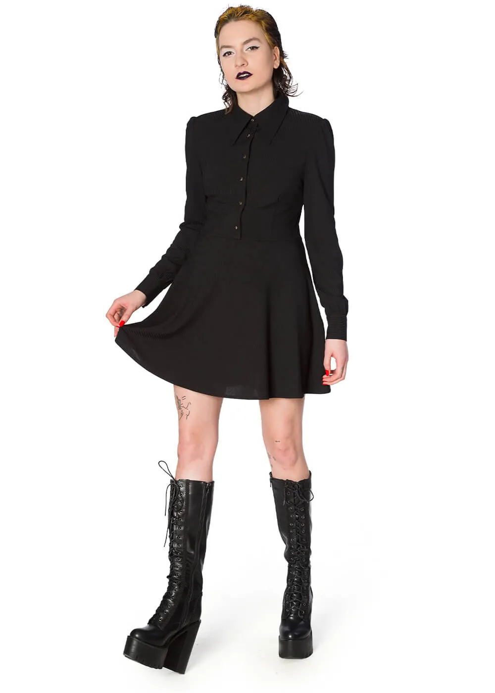 Black Collared Pentagram Buttons Button Down Mini Dress