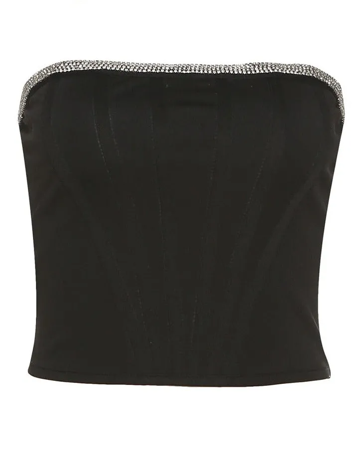 Black Diamante Trim Corset Top