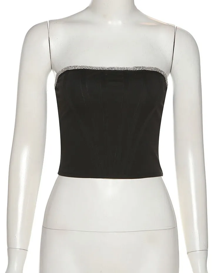 Black Diamante Trim Corset Top
