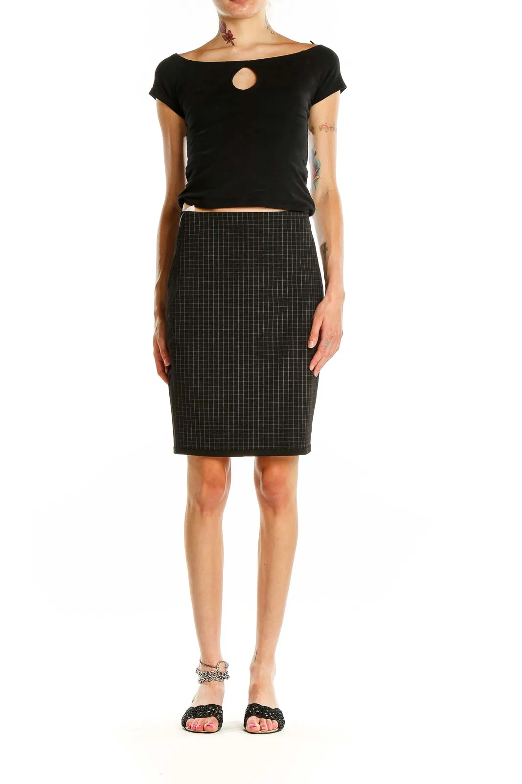 Black Grid Pattern Pencil Skirt