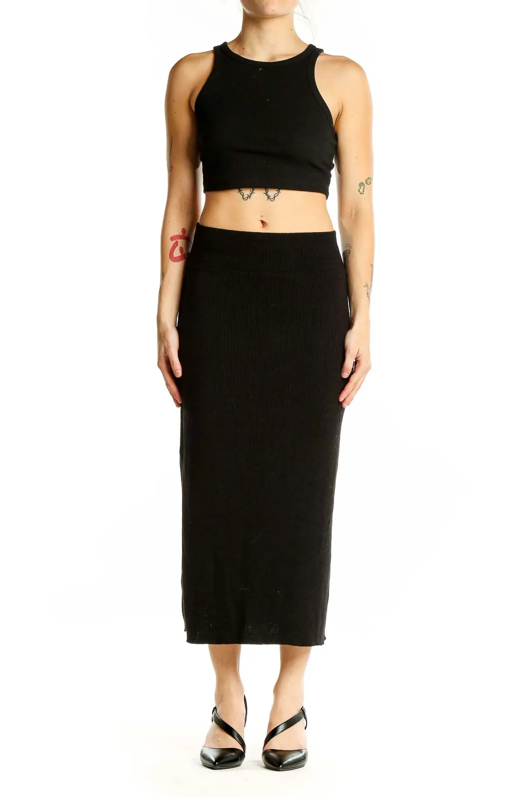 Black Ribbed Cotton Midi Skirt