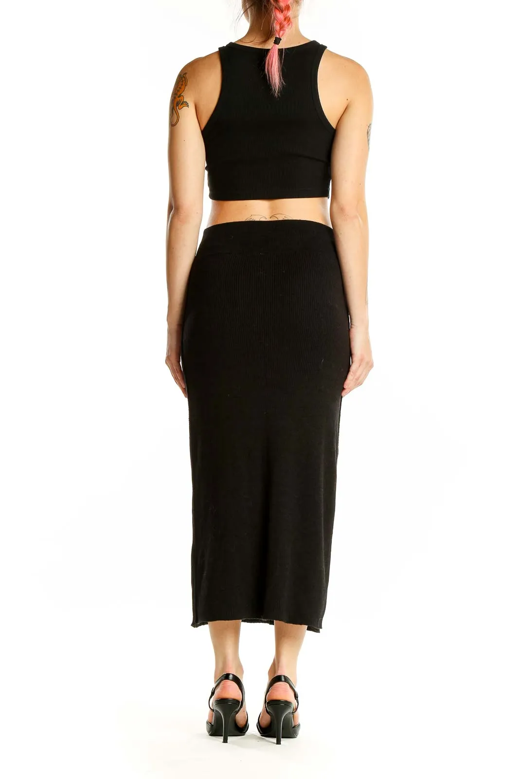Black Ribbed Cotton Midi Skirt