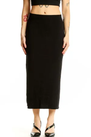 Black Ribbed Cotton Midi Skirt