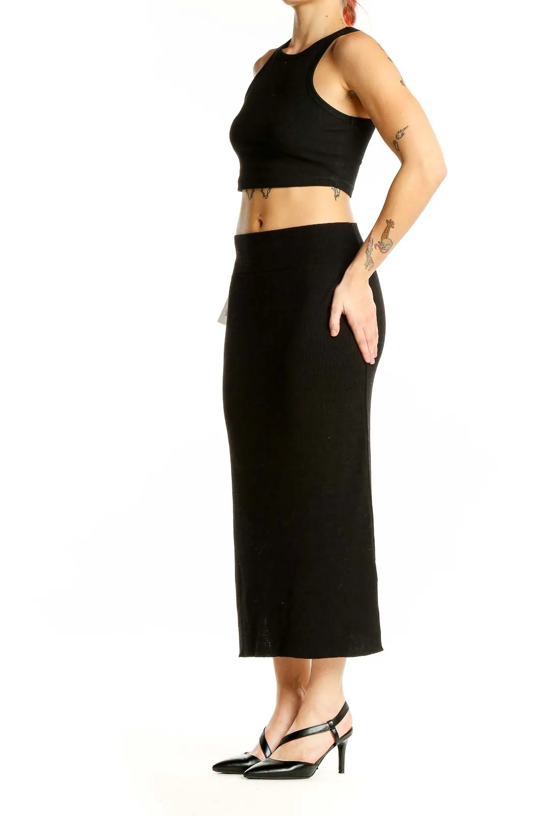 Black Ribbed Cotton Midi Skirt