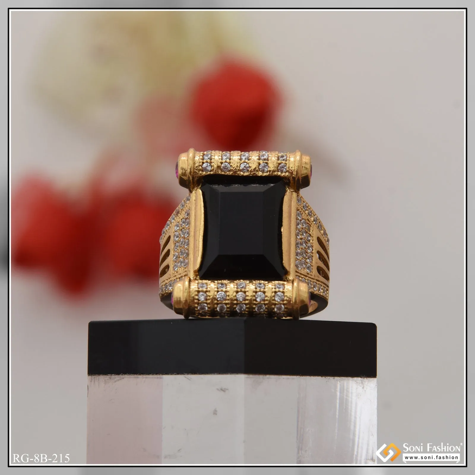 Black Stone with Diamond Sophisticated Design Gold Plated Ring for Men - Style B215