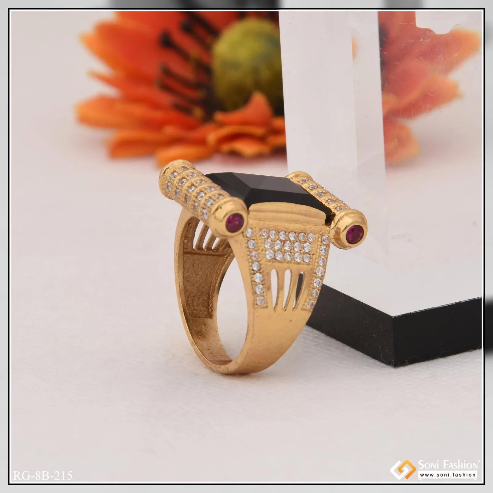 Black Stone with Diamond Sophisticated Design Gold Plated Ring for Men - Style B215