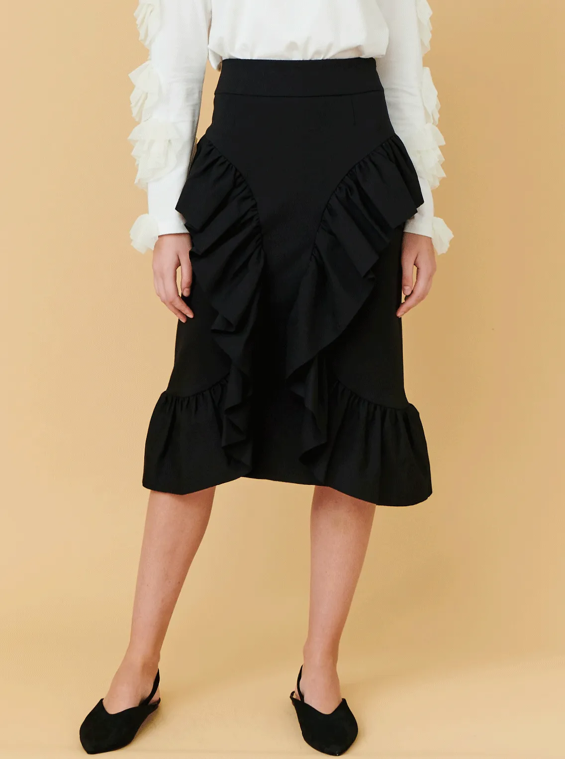 C- RUFFLE SKIRT, BLACK