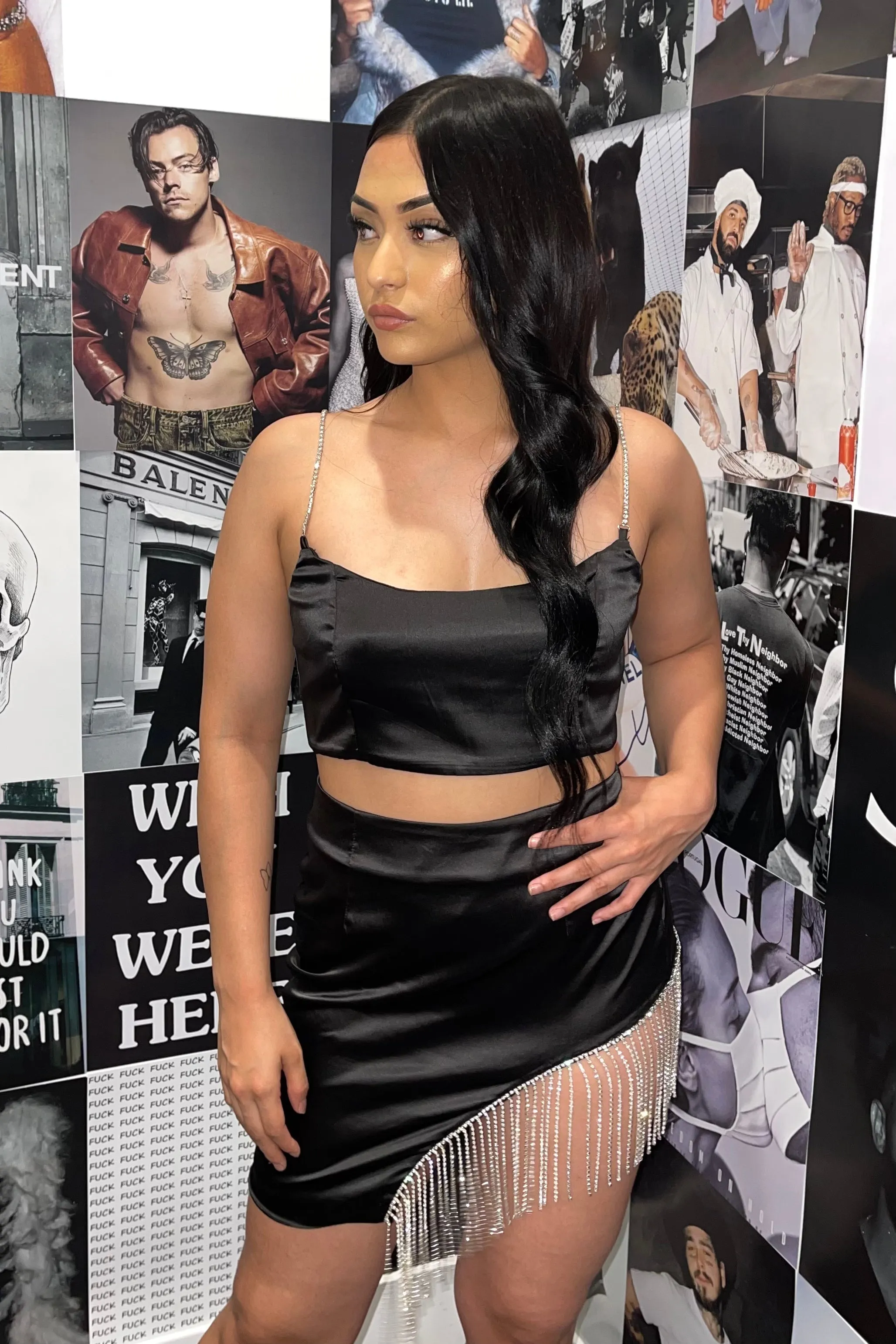 Chane1 Satin Rhinestone Skirt Set (Black)
