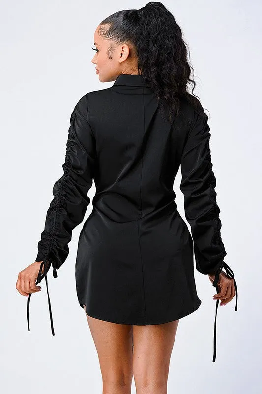 CHIC WAIST TIE RUCHED SLEEVED SHIRT DRESS