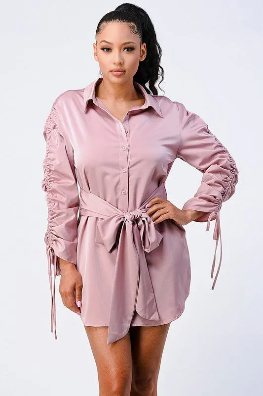 CHIC WAIST TIE RUCHED SLEEVED SHIRT DRESS