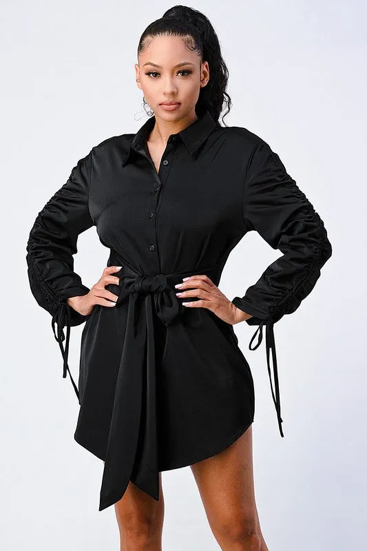 CHIC WAIST TIE RUCHED SLEEVED SHIRT DRESS
