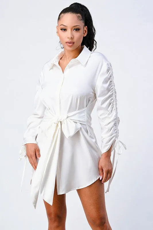 CHIC WAIST TIE RUCHED SLEEVED SHIRT DRESS