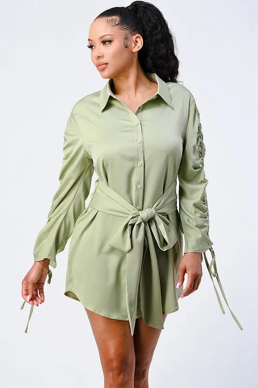 CHIC WAIST TIE RUCHED SLEEVED SHIRT DRESS