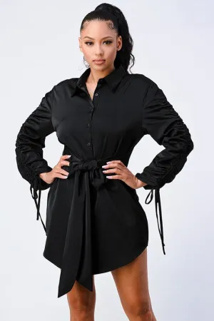 CHIC WAIST TIE RUCHED SLEEVED SHIRT DRESS