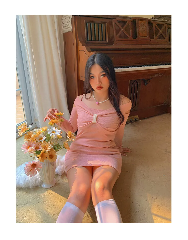 Chleo Baby Pink Bow Shaped Long Sleeve Off The Shoulder Mini Dress