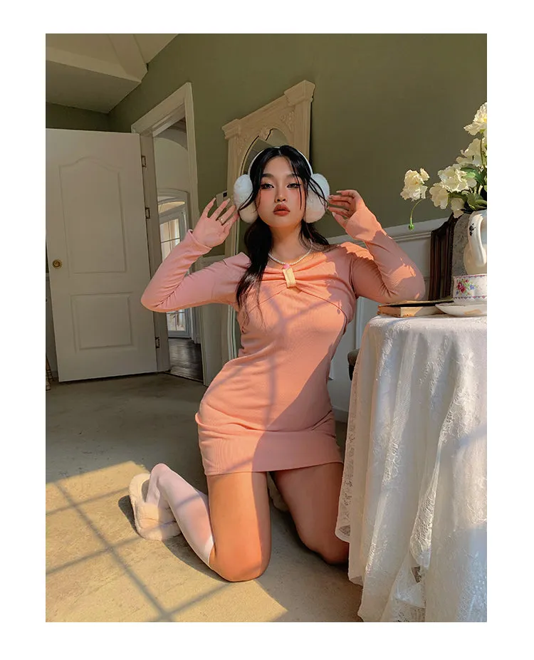 Chleo Baby Pink Bow Shaped Long Sleeve Off The Shoulder Mini Dress