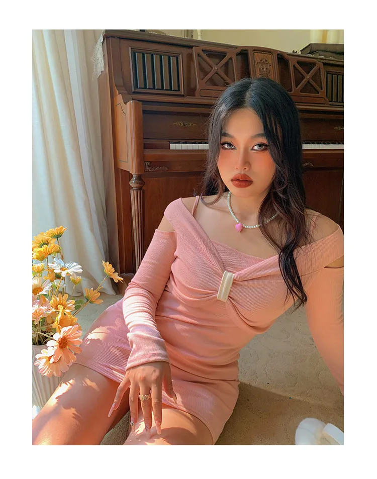 Chleo Baby Pink Bow Shaped Long Sleeve Off The Shoulder Mini Dress