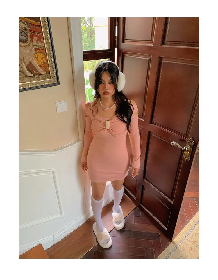 Chleo Baby Pink Bow Shaped Long Sleeve Off The Shoulder Mini Dress