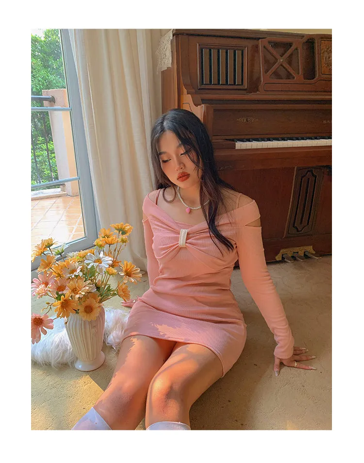 Chleo Baby Pink Bow Shaped Long Sleeve Off The Shoulder Mini Dress