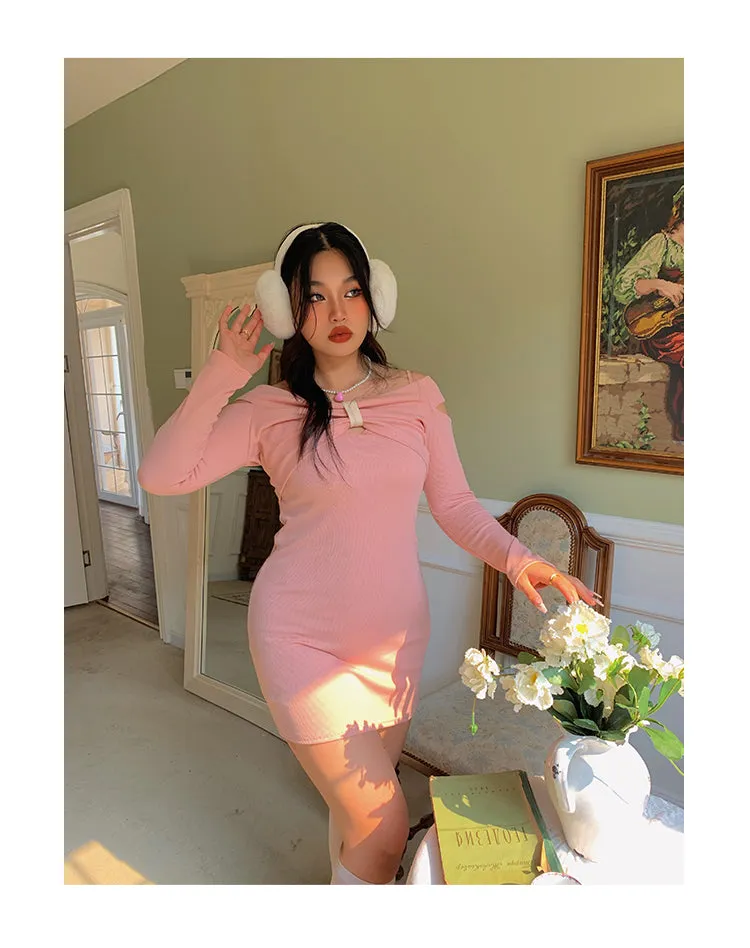 Chleo Baby Pink Bow Shaped Long Sleeve Off The Shoulder Mini Dress