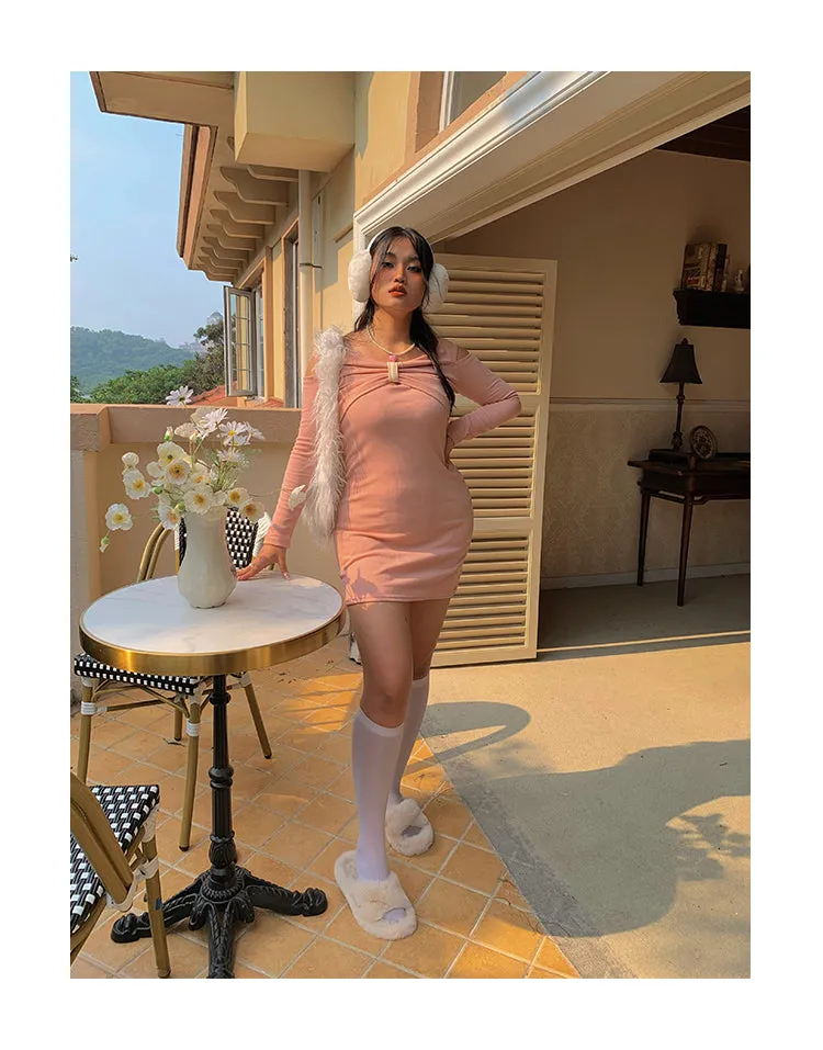 Chleo Baby Pink Bow Shaped Long Sleeve Off The Shoulder Mini Dress