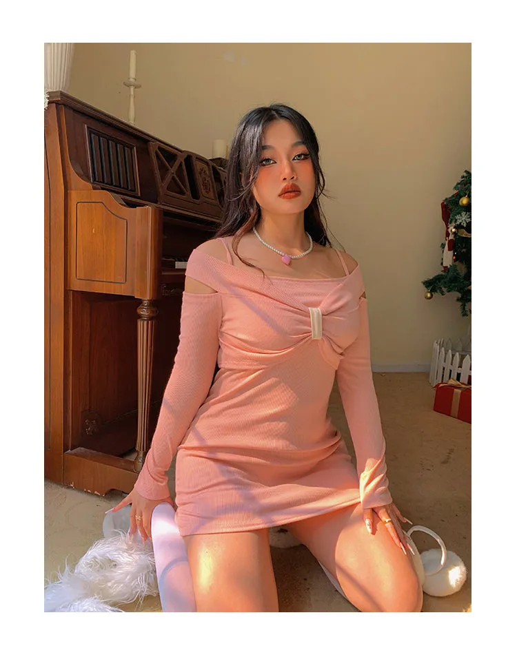 Chleo Baby Pink Bow Shaped Long Sleeve Off The Shoulder Mini Dress