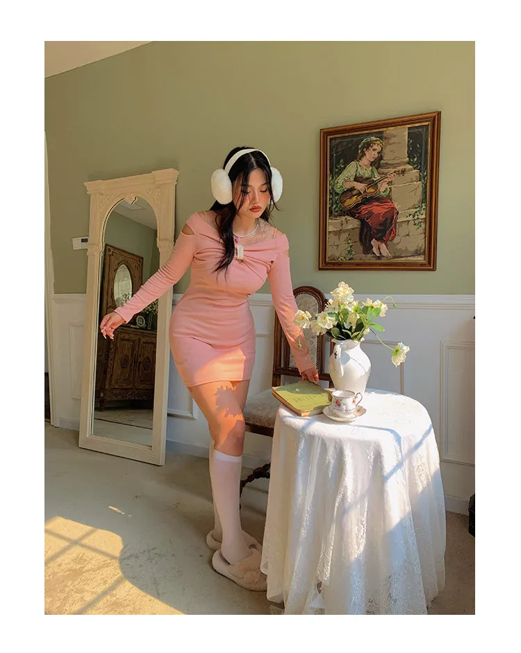 Chleo Baby Pink Bow Shaped Long Sleeve Off The Shoulder Mini Dress