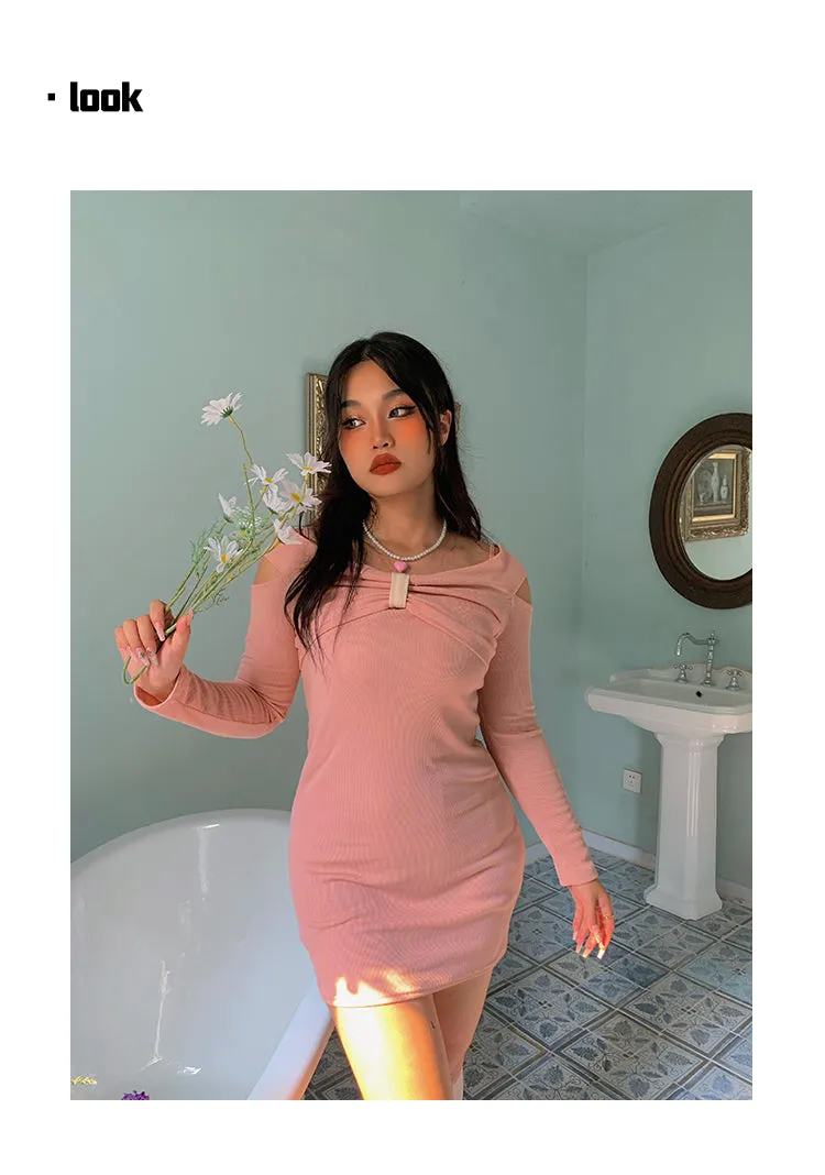 Chleo Baby Pink Bow Shaped Long Sleeve Off The Shoulder Mini Dress