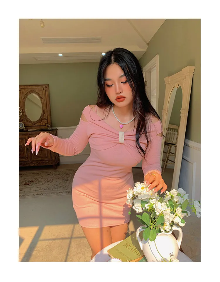 Chleo Baby Pink Bow Shaped Long Sleeve Off The Shoulder Mini Dress
