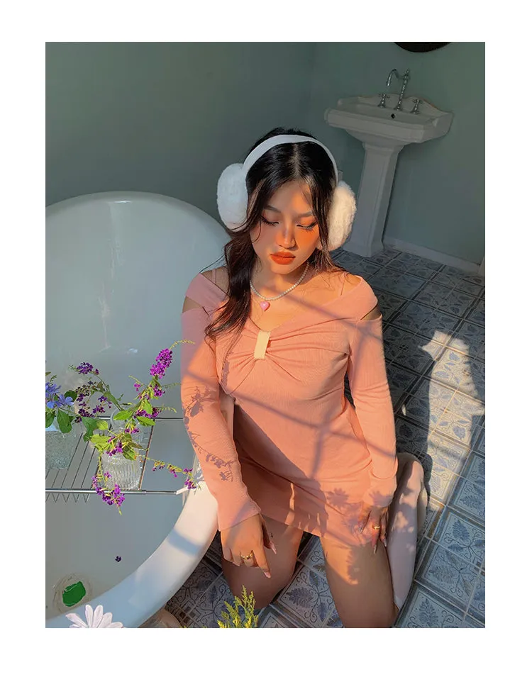Chleo Baby Pink Bow Shaped Long Sleeve Off The Shoulder Mini Dress