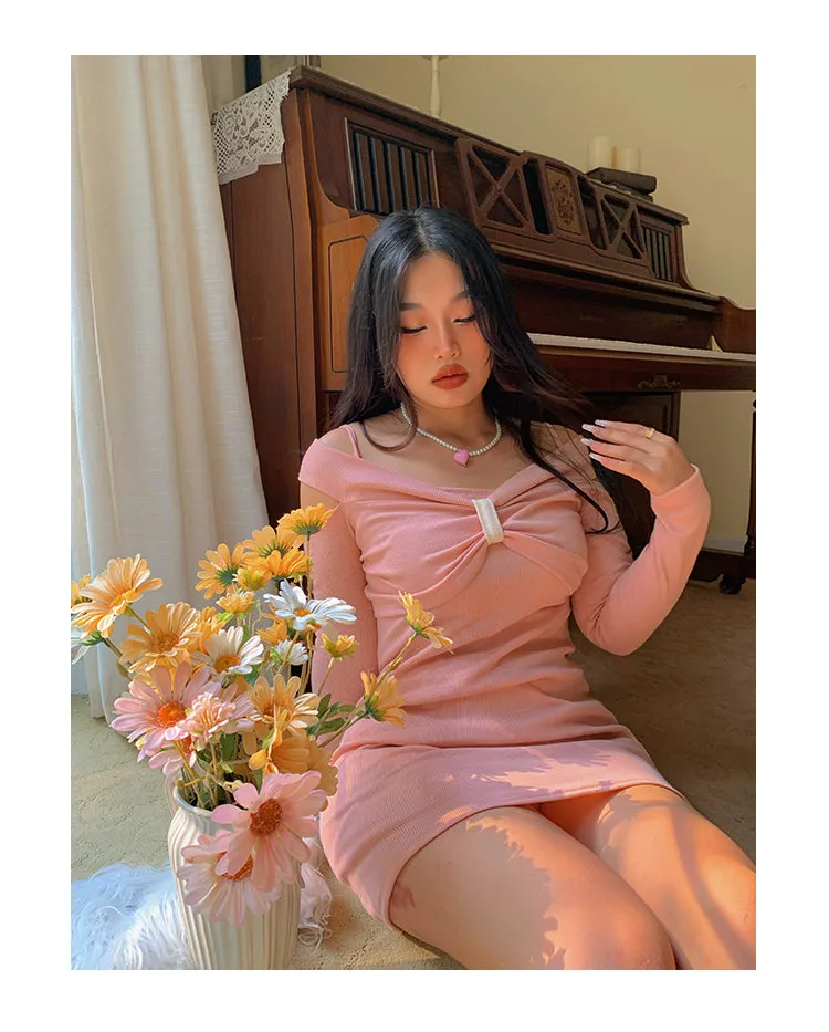 Chleo Baby Pink Bow Shaped Long Sleeve Off The Shoulder Mini Dress