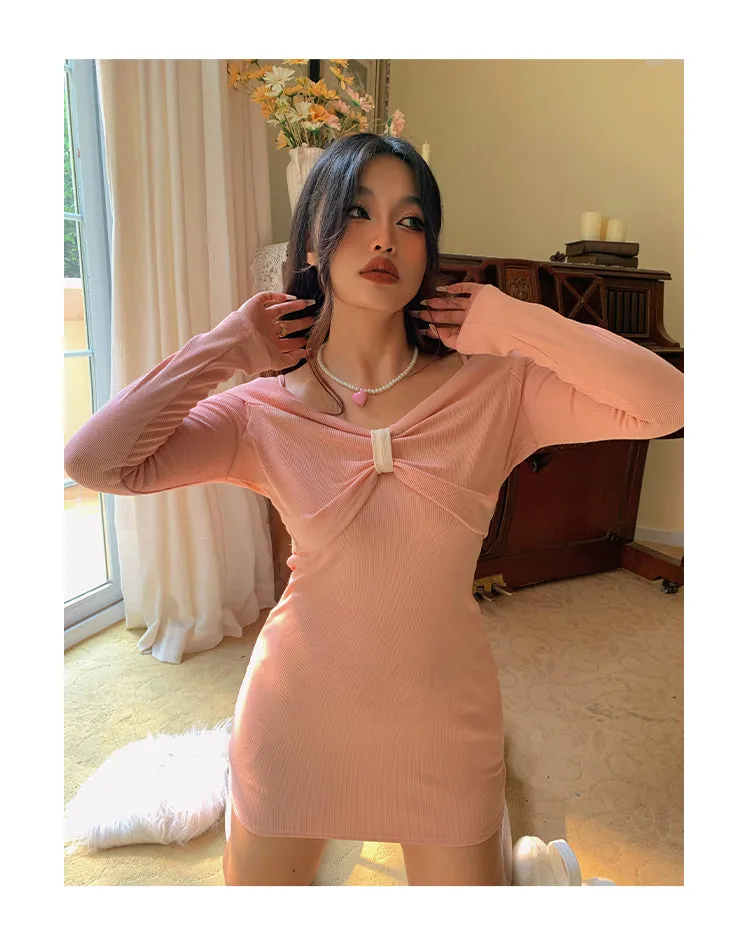 Chleo Baby Pink Bow Shaped Long Sleeve Off The Shoulder Mini Dress