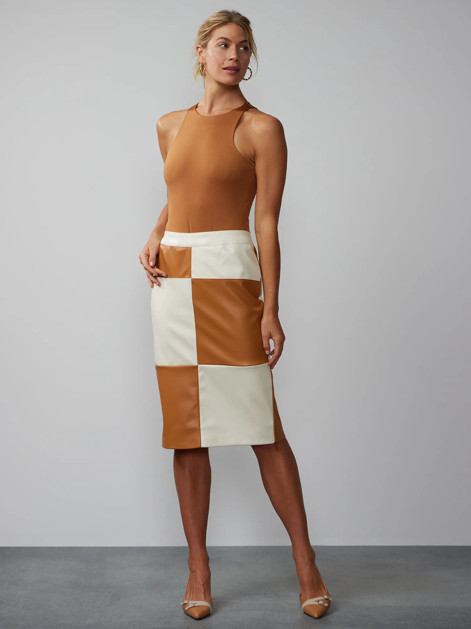 Colorblock Faux Leather Pencil Skirt