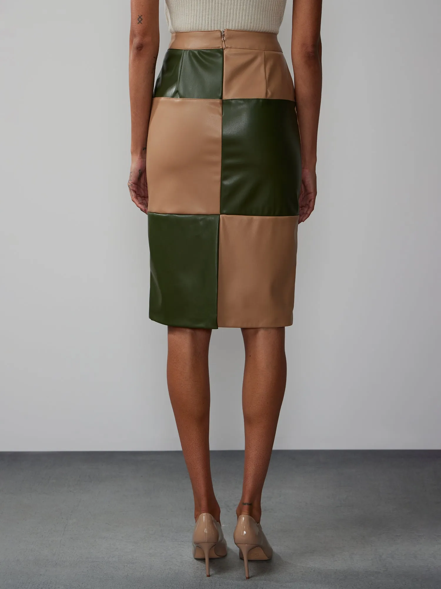 Colorblock Faux Leather Pencil Skirt