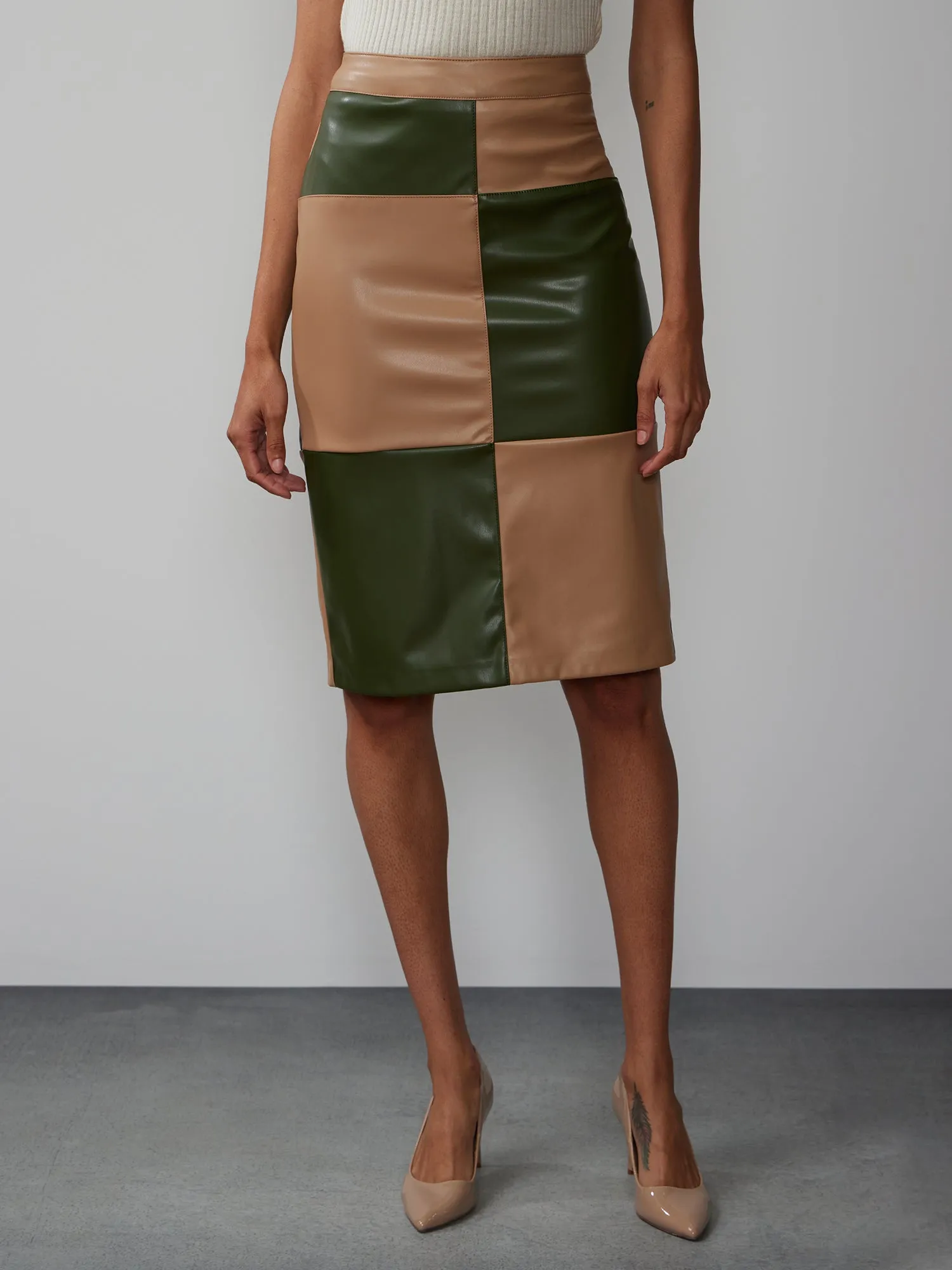 Colorblock Faux Leather Pencil Skirt