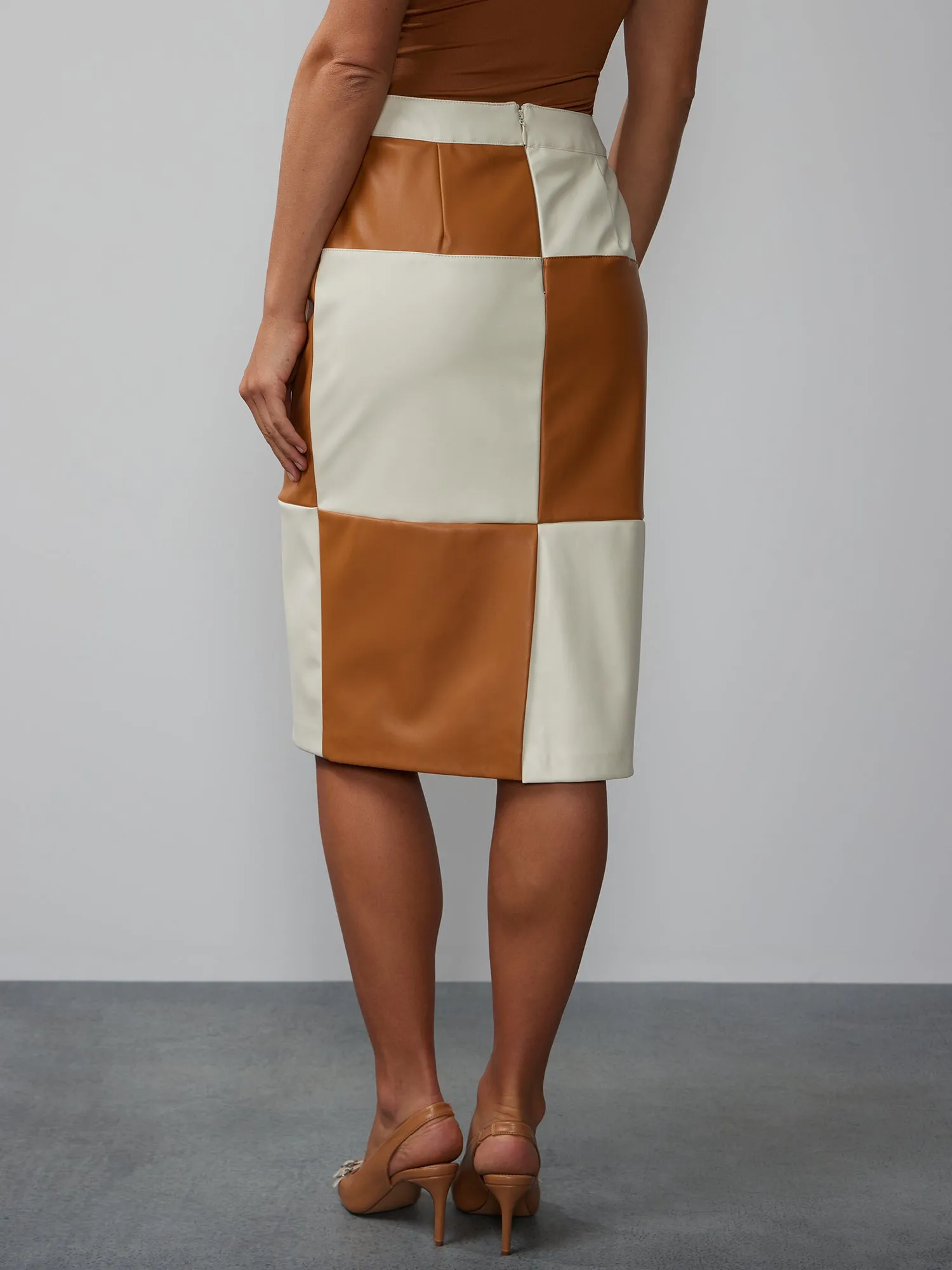 Colorblock Faux Leather Pencil Skirt