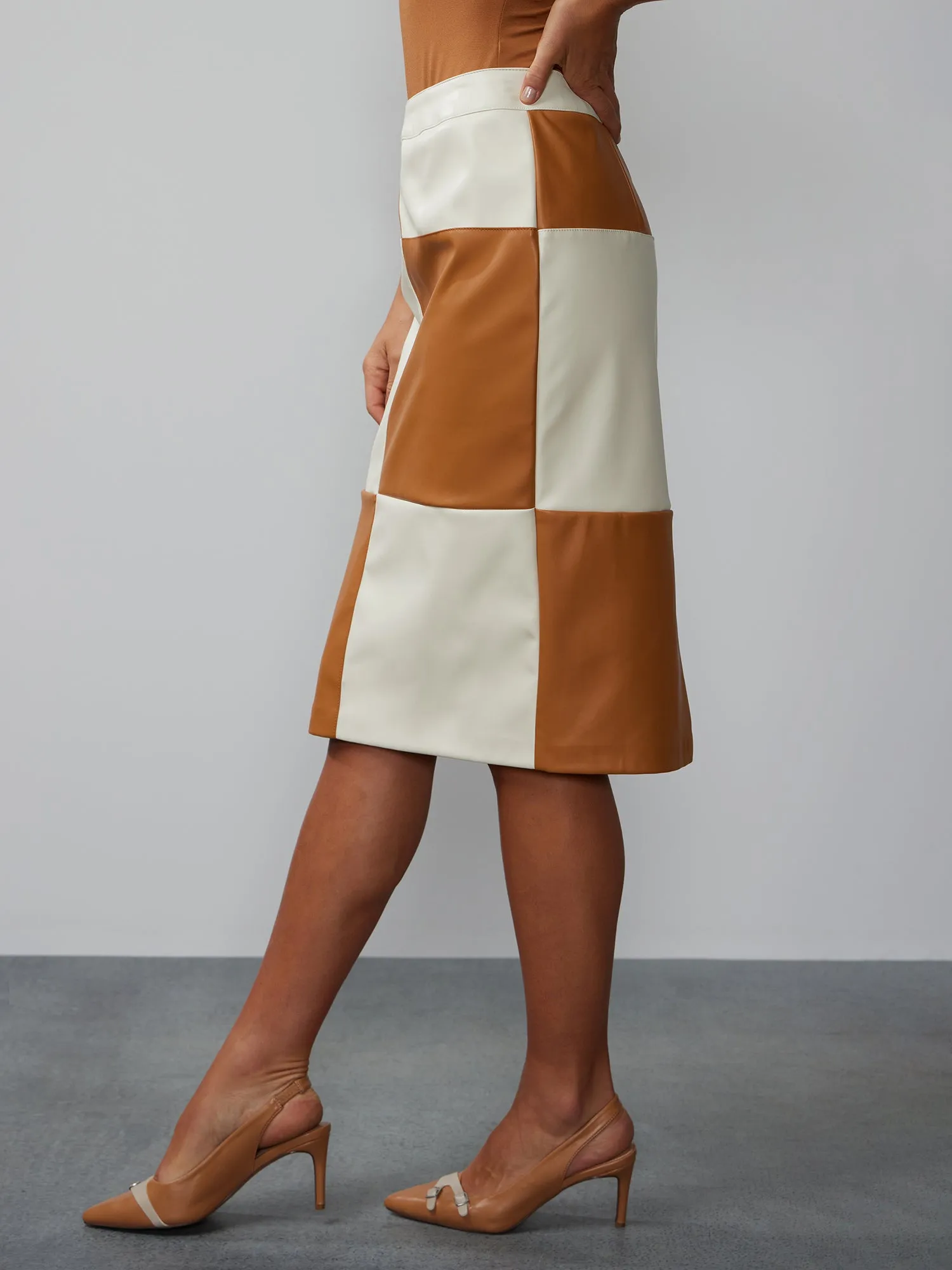 Colorblock Faux Leather Pencil Skirt