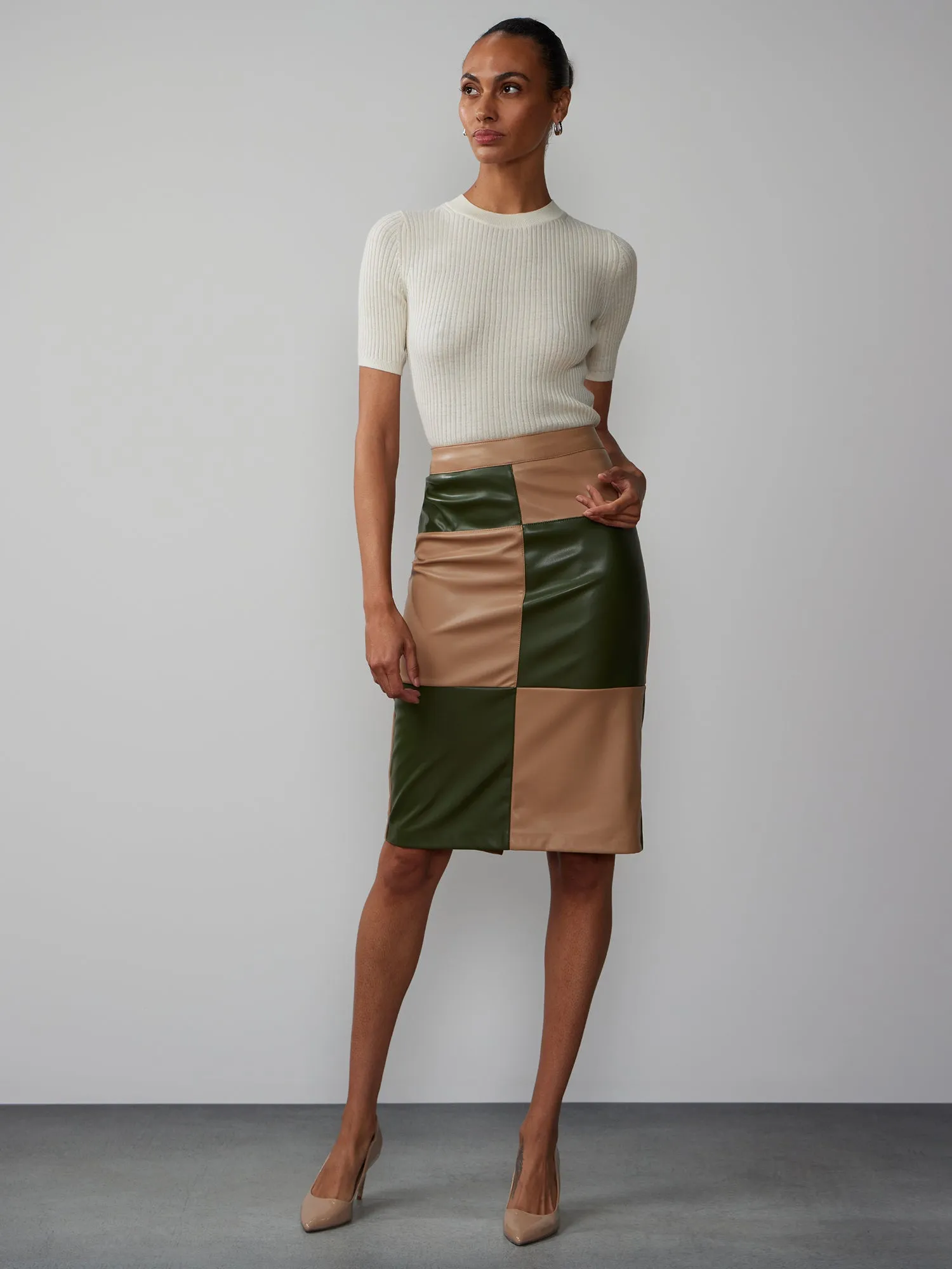 Colorblock Faux Leather Pencil Skirt